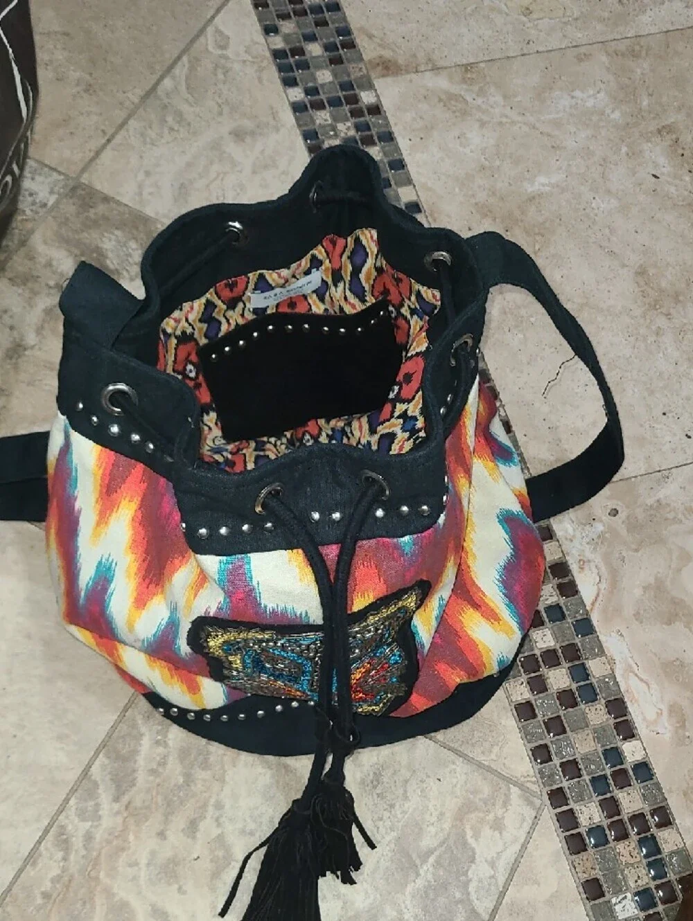 Zara Multicolor Zigzag Hobo Shoulder Bag with Black Trim
